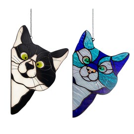 Opexicos 2Pcs Unique Handcrafted Peeking Black Cat Stained Glass Suncatcher Home Decor for Cat Lovers