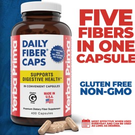 Yerba Prima Daily Fiber Caps Formula 400 Capsules (Pack of 2) - Both Soluble/Insoluble Fiber with Psyllium Seed Husks, Acacia Gum, Apple Fiber Supplement