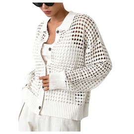 QWINEE Women's Cardigan Sweater Crochet Hollow Out Cardigan Long Sleeve Collar Neck Lightweight Sweater Button Front Knit Top White Large