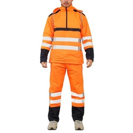 Men Hi Vis Rain Suit Reflective Tape High Visibility Waterproof Two Piece Hooded Set Orange 2XL
