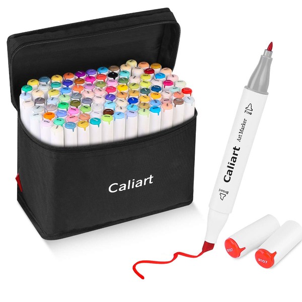 Caliart Markers, 100 Colors Dual Tip Art Markers Sketch Pens Permanent Alcohol Based, with Case for Adult Kids Halloween Drawing Sketching (White Barrel)