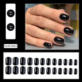24pcs Short Square False Nails - Classic Black Stick on Nails - Press on Nails Removable Glue-on Fake Nail Women Girls Nail Art Accessories
