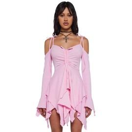 Dolls Kill F is for Fairies Handkerchief Dress by Current Mood - Off-Shoulder, Custom Fit Dress, Perfect for Fairycore Fashion - Pink, XX-Small