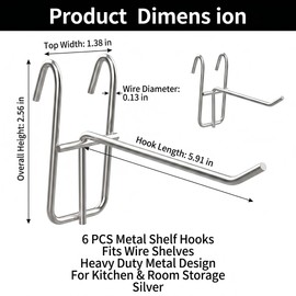 Jipaziy 6 PCS Wire Shelf Hooks, Metal Wire Rack Hangers for Shelving, Heavy Duty Hanging Hooks for Kitchen Utensils, Cups, Tools and Room Storage, Silver