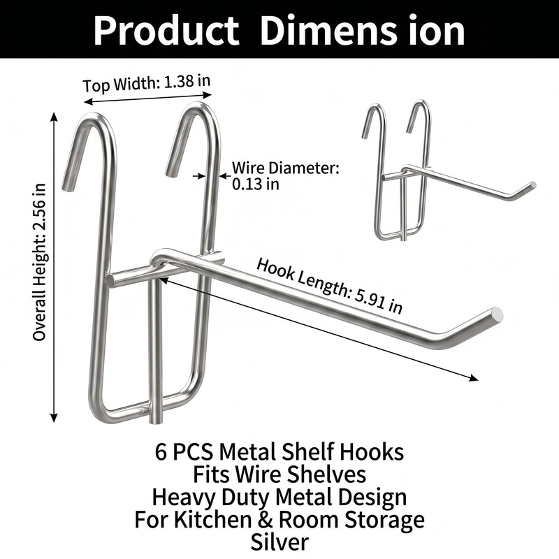 Jipaziy 6 PCS Wire Shelf Hooks, Metal Wire Rack Hangers