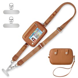 TITPOP Clip and Go Strap for Phone with Wallet Crossbody Adjustable Phone Lanyard with Detachable Wristlet Wallet with ID Window and Phone Strap,Brown