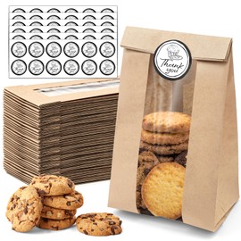 50 PCS Cookie Bags With Seal, Kraft Brown Paper Bags with Stickers, Bakery Bags for Snack, Cupcake, Cookie, Coffee Bean, Party Favor, Cookie Packaging, 3.5"x 2.3"x7.5"