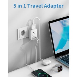 Mscien Type E F Travel Plug Adapter, German France Power Adapter with 3 USB Ports(2 USB C), 2 Outlets Travel Schuko Plug Adaptor for US to Europe EU Iceland South Korea Greece Russia