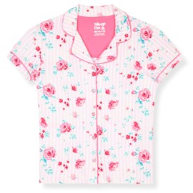 Sleep On It Girls Pajamas Button down Short Sleeve Collared Coat Set, Summer Pajamas for girls sleepwear Pink Roses
