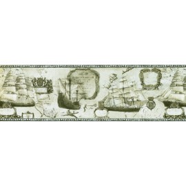 CONCORD WALLCOVERINGS ™ Wallpaper Border Nautical Pattern Vintage Map Sailboats Frigate for Living Room Farmhouse Cottage Bathroom, Gray, 15 ft by 7 in WD76839