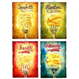 KUSTOM ART Set of 4 Vintage Style Macaroni Picture Print on Wood 25x18cm Furniture for Restaurants Pizzeria Bars