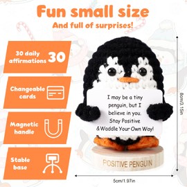 Positive Penguin, Soft Magnetic Crochet Penguin with Wooden Base and 30pcs Cards Knitted Animals Ideal Emotional Plush Support Gifts and Table Decor for Birthday Anniversary Xmas