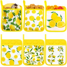 6 Pcs Pot Holders for Kitchen Heat Resistant Yellow Lemon Design Pot Holders with Hand Pockets and Hanging Loops Cotton Hot Pads Dual Function for Kitchen, Cooking, Baking, Grilling, Gifting