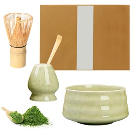 PRITOK Reusable Matcha Making Kit: 4 Pcs Matcha Tea Set with 580ml Ceramic Matcha Bowl, Matcha Whisk and Scoop, Whisk Holder, Matcha Whisk Set, Japanese Matcha Tea Set for Tea Lovers (Green)