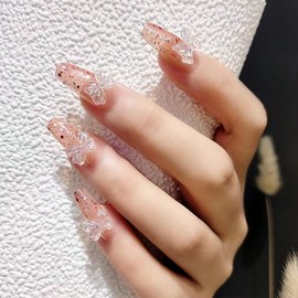 Apictseoo 24 Pcs Press on Nails False Nails Nude bow French Designs Coffin Fake Nails with Glue,12 Sizes,Acrylic Full Cover Artificial Gel Nail Kit for Women Girls B517