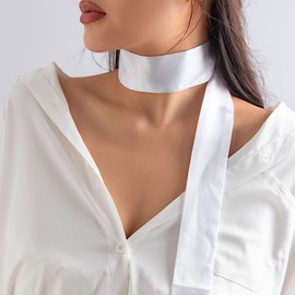 Rannyrena Vintage Silk Satin Long Choker Necklace Wide Soft Wrap Tie Necklace with Flower Elegant Bow-knot Collar Necklace for Women (White)