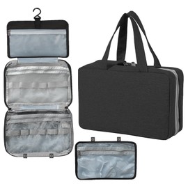 Hanging Travel Wash Bag, Foldable Wash Bag, Large Storage Space, Waterproof Makeup Cosmetic Organiser with Hooks & Multiple Compartments, Toiletry Bag for Men and Women with Travel Accessories, black