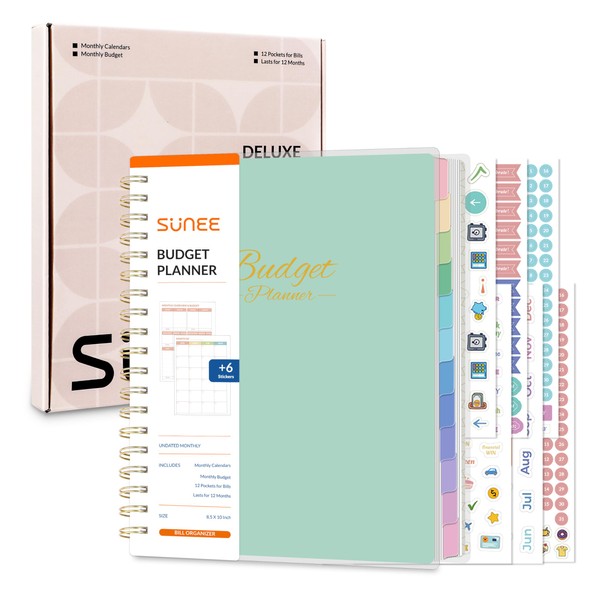 SUNEE Budget Planner - Deluxe Monthly Budget Book with 12-Pockets