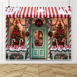 Christmas Backdrop 10x8ft Winter Snow Candy Cane Christmas Shop Backdrop Santa's Toy Shop Xmas Tree Photography Background New Year Xmas Party Decorations Banner