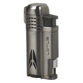 Lotus Defiant Cigar Lighter with Quad Pinpoint Torch Flames, Single Action Ignition, All Metal Housing, Retractable 10 mm Cigar Punch, Large Flame Adjuster (Dark Gunmetal)