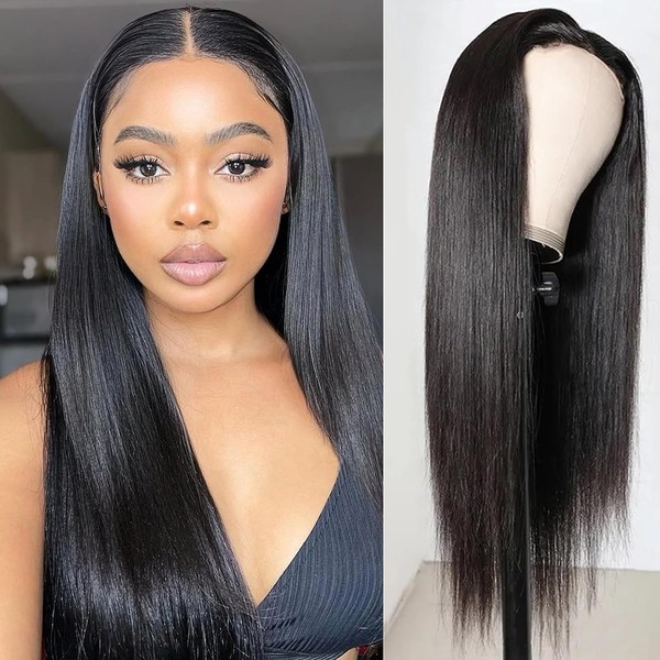 FASHION IDOL 4×4 Lace Front Wig 45 cm Long Straight Real Hair Wigs for Women Natural Black Transparent HD Lace Wig 150% Density