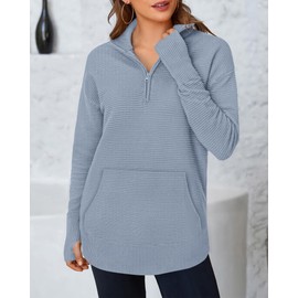 BTFBM Sweaters for Women Fall Winter Clothes 2025 Pocket Quarter Zip Pullover V Neck Long Sleeve Knit Trendy Sweater(Grey, Small)