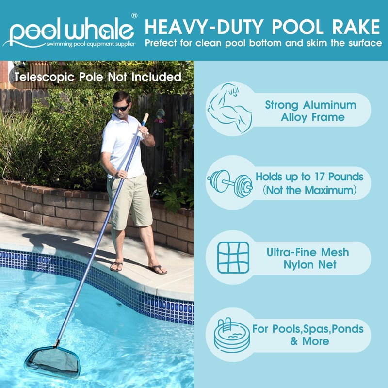 POOLWHALE Pool Skimmer Net Rake, Aluminum Frame Deep Nylon Net,