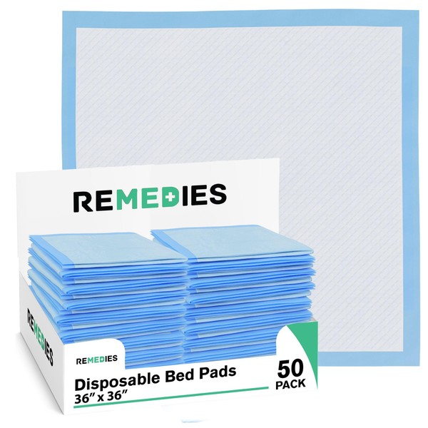 Remedies - Disposable Bed Pads 36" x 36" - 50 Count - Large Bed Pads for Incontinence - Seniors, Adults & Kids Chucks Pads - Adult Absorbent Incontinence Disposable Underpads for Beds & Furniture