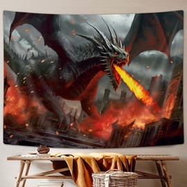 JAWO Fantasy World Tapestry Wall Hanging, Medieval Red Dragon and Human War Mythology Themed Art Tapestries Home Decoration Wall Decor 90X70 inch