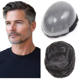HAPPY&CC Tupé para hombre, peluquín de piel fina de PU, sistema de reemplazo de cabello humano virgen europeo, prótesis capilar masculina con 10% de cabello sintético gris, 25 x 20 cm