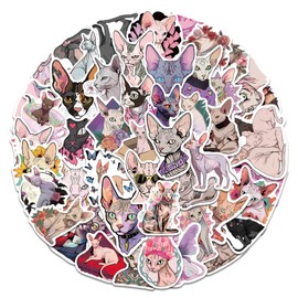 Sphinx Cat Stickers, 50PCS Funny Hairless Cat Stickers Pack for Boys and Girls, Vinyl Waterproof Cool Pet Decals for Cell Phones, Books, Journals, Computer