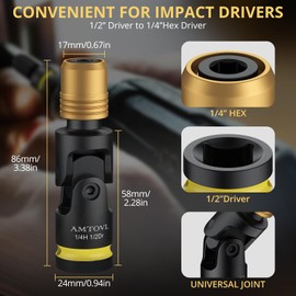 AMTOVL Impact to 1/4 Hex Converter - Universal Joint 1/2 INCH Drive Female to 1/4-Inch Hex Adapter for Ratchet Wrench Drivers, Impact Bit Holders, Quick-Change Chuck