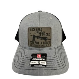 Rock Hard Caulking Services Leather Patch Trucker Snapback Baseball Hat- 112 Trucker Hat - Inappropriate Trucker Hats - Birthday Gifts For Men - Funny Blue Collar Gifts For Men (Heather Grey)