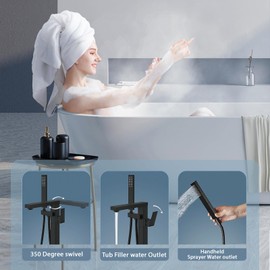 Bathtub faucet Freestanding bathtub faucet, Matte black floor standing bathtub filler faucet with hand sprayer and swivel tub sprayer