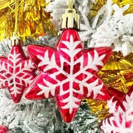 Pack of 6 Glitter Star Baubles Christmas Tree Pendants Decorations Glitter Stars Christmas Tree Baubles Ornaments for Xmas Home Party, Snowflakes Stars