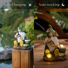 TERESA'S COLLECTIONS Garden Ornaments Outdoor, Lovely Fishing Gnomes with Flowers and Solar Lights, Family Gnomes Series, Waterproof Resin Ornaments, Garden Decorations Gifts Indoor Outdoor 18.4CM