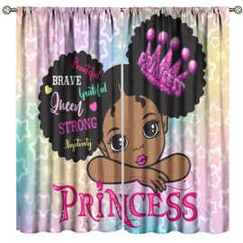 African Black Girl Curtains, Pink Princess Black Girl Rainbow Background Window Drapes for Girls Bedroom Kids Room Decor 42" W X 45" L