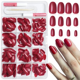 Bellelfin 360Pcs Short Press on Nails, Glossy Short Oval Fake Nails Red Press on Nail Full Cover Acrylic Nails Press on with Glue and 5 Sheets Jelly Tabs for Women Girls Fingernails Artificial
