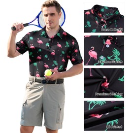 uideazone Mens Black Polo Shirts Flamingo Print Funny Golf Tennis Casual Shirts Performance Dry Fit Short Sleeve