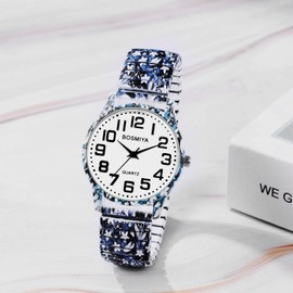 JewelryWe Womens Stretch Band Watches: Easy Reader Analog Quartz Elastic Watch Casual Floral Expansion Band Wristwatch for Christmas