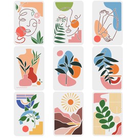 FINGERINSPIRE 9PCS Boho Sunrise Stencil Abstract Art Stencils 11.7x8.3 inch Large Reusable Tropical Plants Stencil Female Face Painting Stencils, Geometric Art Stencils for Wood, Canvas, Paper