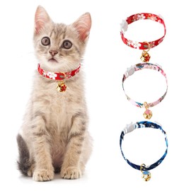 HACRAHO Breakaway Cat Collar, 3 Pieces Adjustable Cat Collars Japanese Style Cat Collar with Hollow Flower Bell for Kitten Puppy Pets, Red, Pink, Blue