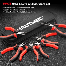 HAUTMEC 6PCS Mini Pliers Set High leverage Multi Pliers Tool Set with Mini Needle Nose Pliers,Linesman Pliers,Long Nose Pliers,Bent Nose Pliers,Diagonal Cutters,End Cutting Pliers HT0275