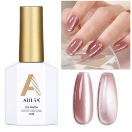 AILLSA Cat Eye Gel Nail Polish Pink Crystal Glitter Gel Polish with Magnet, Nude Burgundy Glass Shimmer Gel Nail Polish Jelly Color Reflective Translucent U V Gel Salon DIY at Home 0.5 OZ GF25