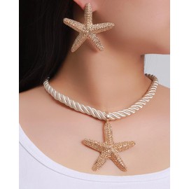 CLOORDE Gold Starfish Necklace Earrings Set for Women Chunky Gold Starfish Pendant Necklace Large Sea Star Earrings Summer Beach Hawaiian Seaside Jewelry Accessories for Her