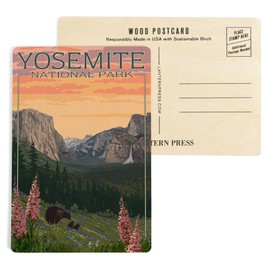 Yosemite National Park, California, Bear and Cubs with Flowers (4x6 Birch Wood Postcards, 2-Pack Stationary, Rustic Home Wall Decor)
