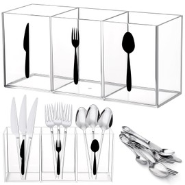 Suzile Acrylic Cutlery Storage Organizer Bin Silverware Caddy Countertop Knife Spoon and Fork Holder Kitchen 3 Section Tableware Storage Box for Cabinet Indoor Home Flatware Dining Room (Clear,L)