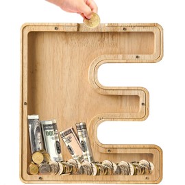 Bemaystar Letter-Piggy-Bank for Kids, Wooden Money-Box, Initial Letters Piggy-Banks for Girls Boys, 9 Inch Money Bank Coin Bank, Christmas Birthday Gifts for Kids(E)