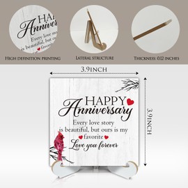 Happy Anniversary Wedding Gifts Desk Decor Gift Wood Sign Plaque with Wooden Stand Tabletop Decorations - Elegant Wedding and Marriage Gifts for Couples Brides 4 X 4 Inches - FS75