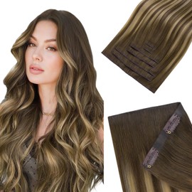 HOTBANANA Invisi Edge Clip in Hair Extensions, 14inch 100g 7Pcs Injected Seamless Clip in Extensions Real Human Hair Chocolate Brown Mixed Caramel Blonde Balayage PU Hair Extensions Remy Hair